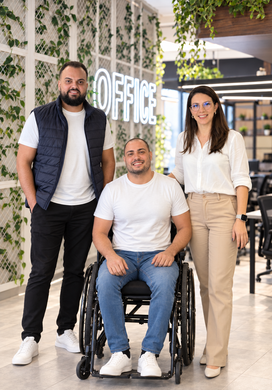Três integrantes da equipe INCLUSIVA360 no escritório; um deles está em cadeira de rodas.