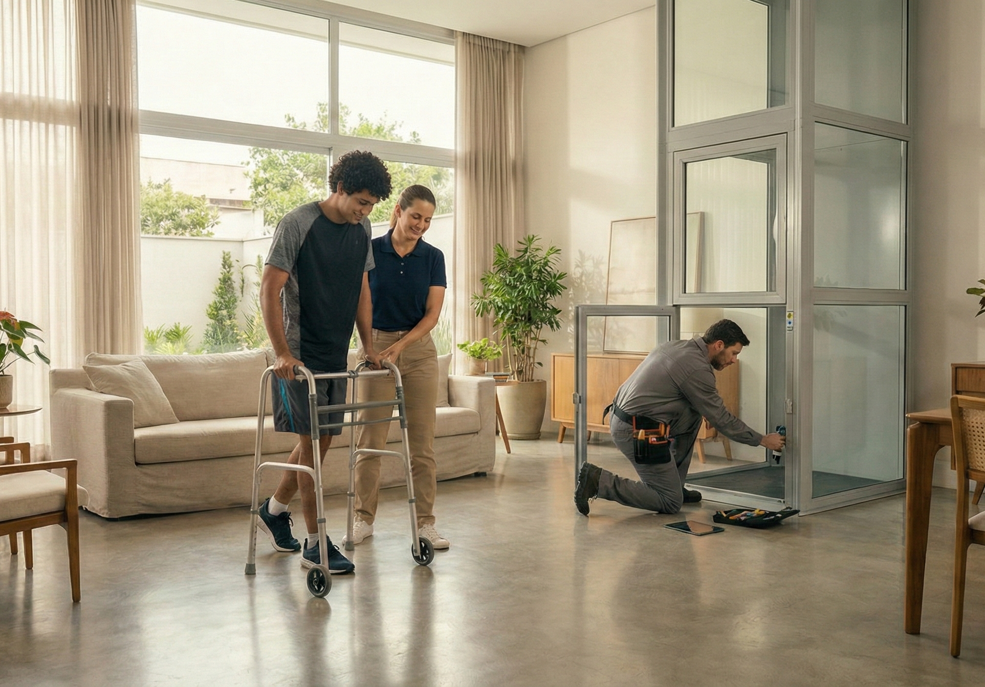Profissional analisando planta acessível em canteiro de obras